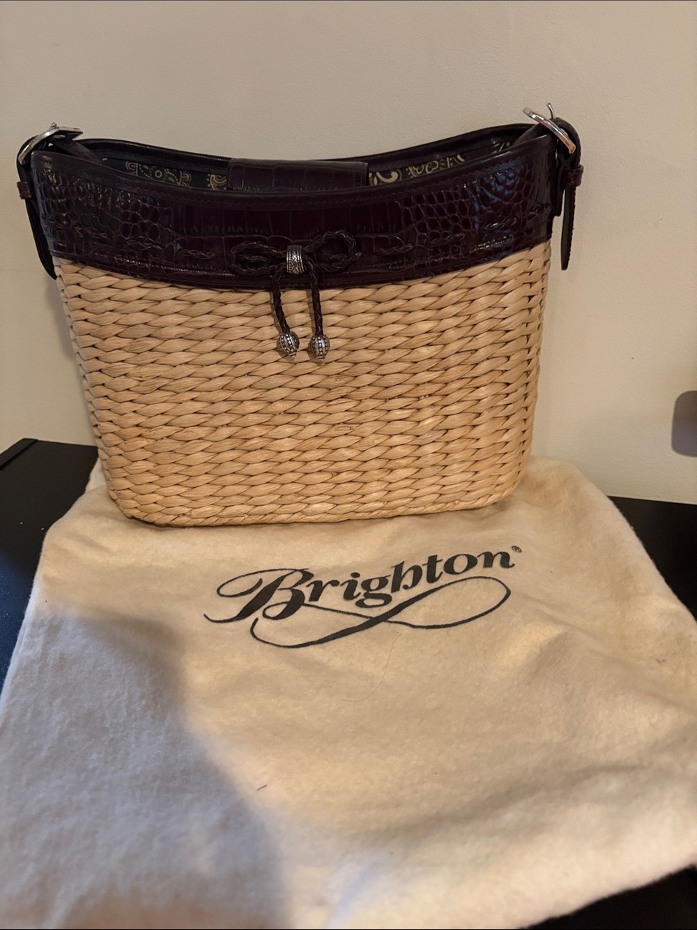 Brighton Straw Shoulder Bag with Dark Brown Leather Trim